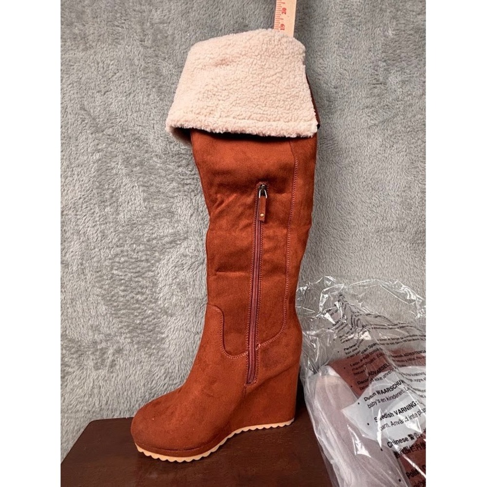 JF Cameron Over The Knee Faux Fur Wedge Brown Chestnut Boots New w/out